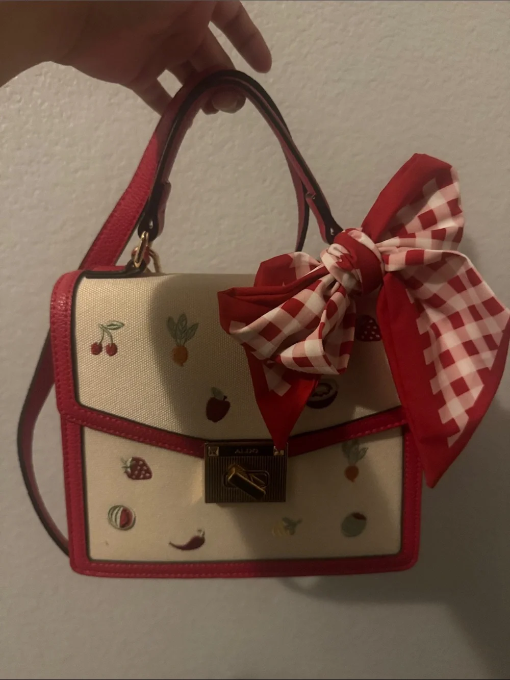 Aldo Cream Canvas Satchel with Red Trim & Gingham Bow